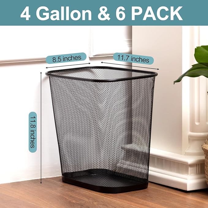 6 Pieces Mesh Square Trash Cans 4 Gallons Wire Wastebasket for Home Black Metal Office Garbage Cans Rectangular Open Top Trash Bin for Kitchen Bathroom Bedroom Dorm Room, 11.7 x 8.5 x 11.8 Inch-DeskLoop Office