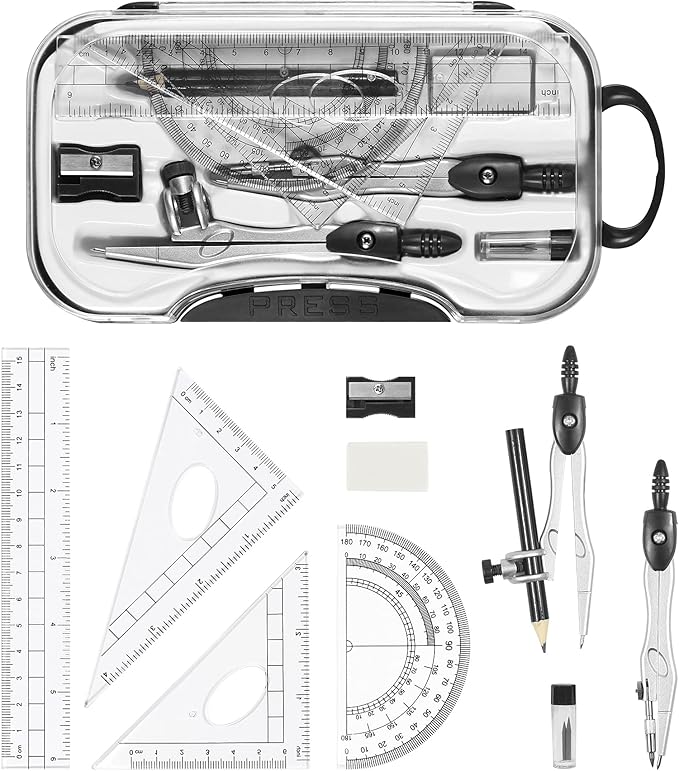 10 Pieces Math Geometry Kit Set Student Supplies with Shatterproof Storage Box,Includes Rulers,Protractor,Compass,Eraser,Pencil Sharpener,Lead Refills,Pencil,for School and Drawings(Black)-DeskLoop Office
