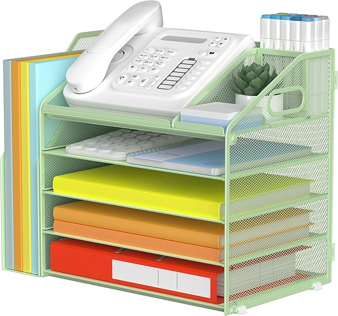 DocNest 5 Tier Paper Letter Tray File Organizer, Mesh Desk File with Handle, Workspace Desk Organizers with Pen Holder, Office Organization Storage Accessories - Green-DeskLoop Office
