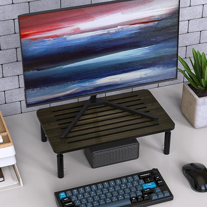 Bamboo Monitor Stand Riser, 4 Adjustable Height, 15.55x9.25 Laptop Stand with Airflow Vents, Desk Organizer for Computer, PC, Printer (Wenge)-DeskLoop Office