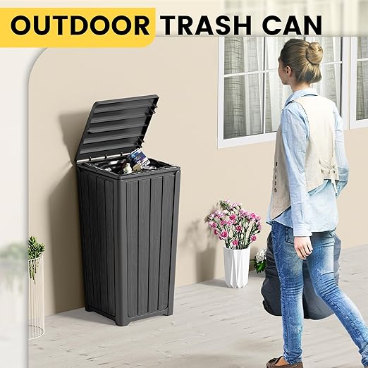 Outdoor Trash Can with Lid, Waterproof Resin Garbage Can with Tiered Lid, Outside Trash Bin for Patio, Kitchen, Backyard or Deck-DeskLoop Office