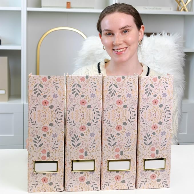 BLU MONACO Foldable Magazine File Set of 4 with Floral Boho Design – Decorative Cardboard Magazine Organizer for Home, Office & Dorm Room – Artistic Magazine Storage Solution-DeskLoop Office