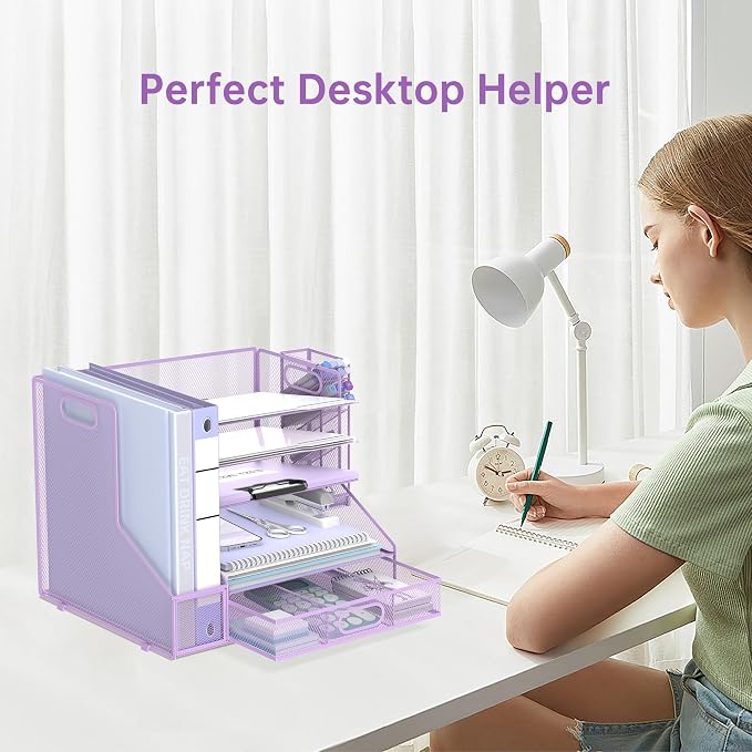SUPEASY Desk Organizer with File Holder, 5-Tier Mesh Paper Letter Tray - Image 7