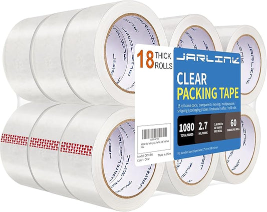 JARLINK Clear Packing Tape (18 Rolls), Heavy Duty Packaging Tape for Shipping Packaging Moving Sealing, 2.7mil Thick, 1.88 inches Wide, 60 Yards Per Roll, 1080 Total Yards-DeskLoop Office