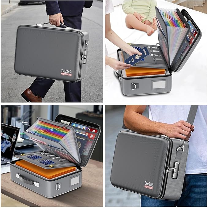 DocSafe Fireproof Document Box with Lock, Hard Case File Organizer with Accordion File Folder, Fireproof Water Resistant Safe Box Home Office Travel Storage for Important Documents Laptop Gray-DeskLoop Office