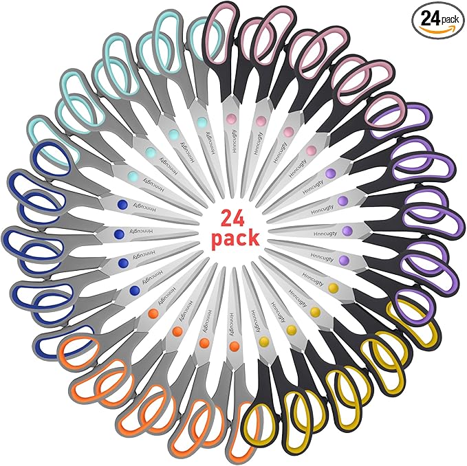Scissors for Office School Supplies, Hnncugty 8" Scissors All Purpose Bulk Set of 24-Pack, Sharp Shears for Home Craft Sewing Fabric, Middle School Student Teacher Supplies, Comfort Right/Left Handed-DeskLoop Office
