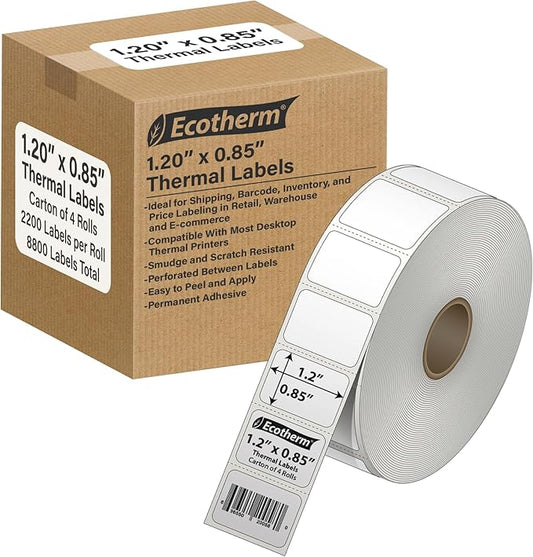 1.2" x .85" Thermal Labels | 4 Rolls | 8800 Labels | fits Zebra, Godex, Arkscan, iDPRT, Offnova Thermal Label Printers and More | Blank White Adhesive Stickers by Ecotherm-DeskLoop Office