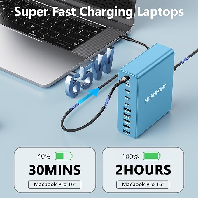 320W USB C Charger Block, 10-Port USB C Charging Station GaN III PD 65W PC Laptop Fast Charger Adapter for MacBook Pro/Air, DELL, iPad, iPhone, Samsung Galaxy (Light Blue)-DeskLoop Office