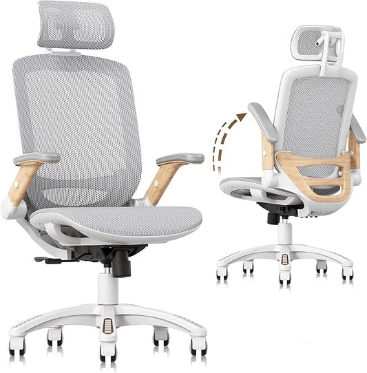 GABRYLLY Ergonomic Office Chair, High Back Home Desk Chair with Flip-Up Arms, Headrest, 90-120° Tilt and Wide Cushion, 400LBS White Mesh Chair for Work Gaming Study (GY01-NT, Woodgrain Pattern)-DeskLoop Office