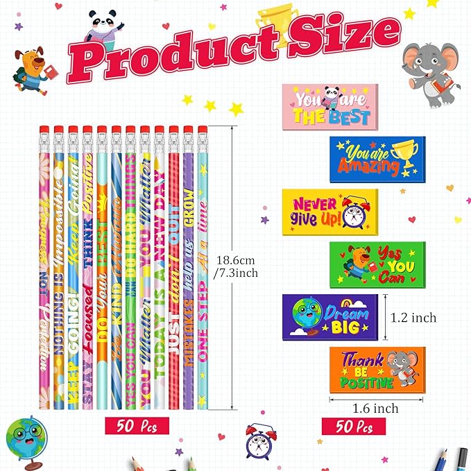 Cinrobiye 100 Pcs Inspirational Pencils with Erasers for Kids,Motivational Pencil Erasers Bulk Back to School Gifts Supplies Party Favor Goody Bag Fillers for Students Classroom Teacher Prizes Reward