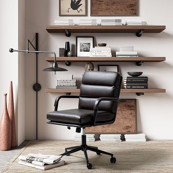 HULALA HOME Modern Faux Leather Home Office Chair with Tilt Lock & Metal Base, Desk Chair with Wheels & Padded Cushion, 360° Swivel Wide Seat Computer Task Chair, Brown-DeskLoop Office