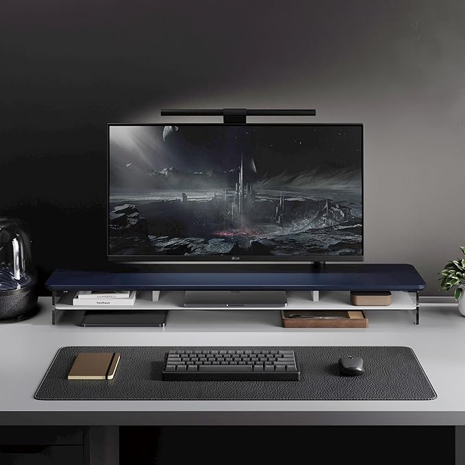 Fenge Acrylic Monitor Stand Riser, 42.5 Inches Dual Monitor Stand with Metal Storage, 2 Tier Acrylic Computer Riser for Desk, Clear Laptop Stand for PC, Laptop, Printer, TV, Blue-DeskLoop Office