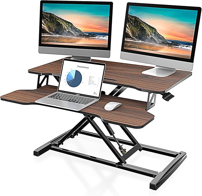 FITUEYES Height Adjustable Standing Desk 32” Wide Sit to Stand Converter Stand Up Desk Tabletop Workstation for Laptops Dual Monitor Riser Brown SD308002WE-DeskLoop Office