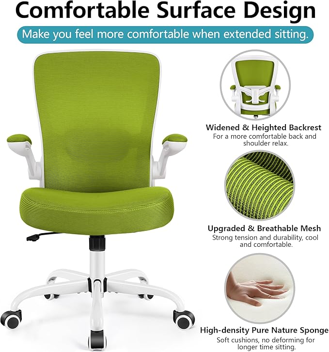 FelixKing Office Chair, Ergonomic Desk Chair Breathable Mesh Chairs with Adjustable High Back Lumbar Support Flip-up Armrests, Executive Swivel Comfy Task Computer Chairs for Home Office Avocado Green-DeskLoop Office