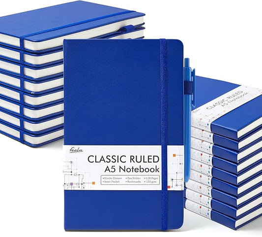 feela College Ruled Notebooks, 18 Pack Business Notebook Bulk Hardcover Lined Writing Journal with Pen Holder for Men Women Note Taking, with 18 Black Pens, 120 GSM, 5.1”x8.3”, A5, Navy-DeskLoop Office