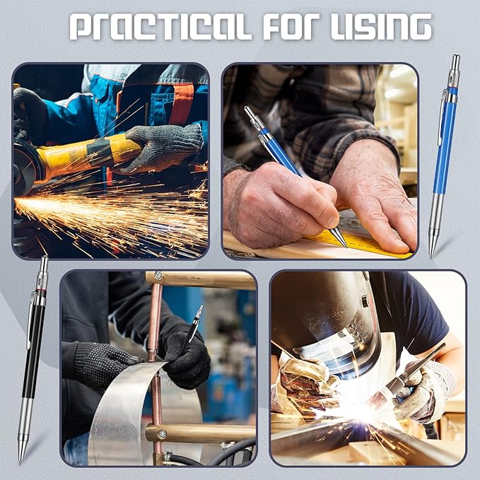 Nezyo 12 Pieces Welder Pencil with 108 Pieces Round Refills Mechanical Metal Pencil Marker with Built in Sharpener Pen for Construction Workers, Metal Work, Plumbers, Framers-DeskLoop Office