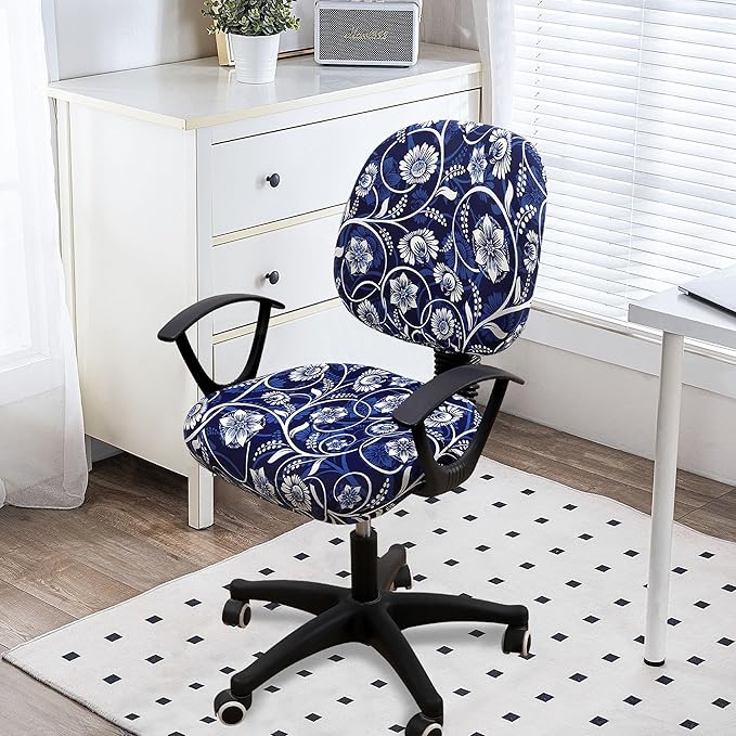 Smiry Stretch Printed Office Computer Chair Covers, Universal Washable Removable Desk Rotating Chair Slipcovers Protector, Seat + Backrest Cover - Navy Blue-DeskLoop Office
