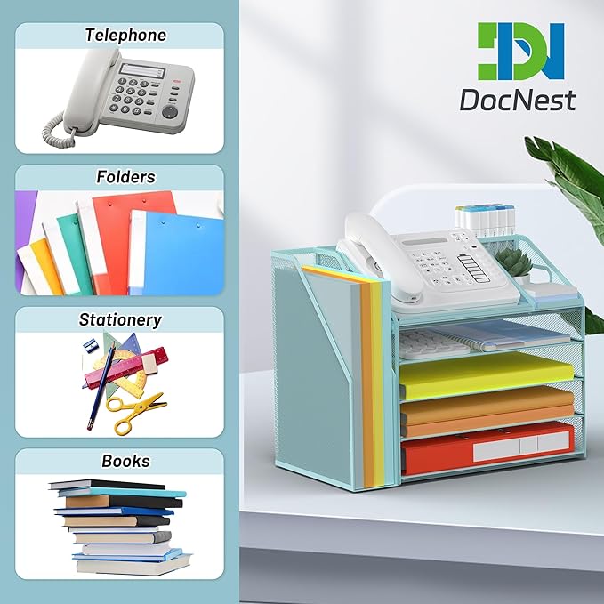 DocNest 5 Tier Paper Letter Tray File Organizer, Mesh Desk File with Handle, Workspace Desk Organizers with Pen Holder, Office Organization Storage Accessories - Blue-DeskLoop Office