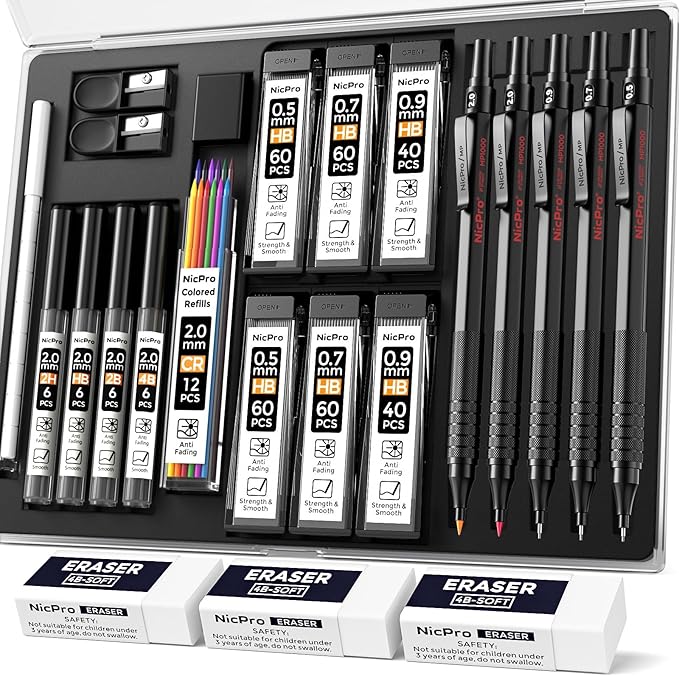 Nicpro 22PCS Art Mechanical Pencil Set, Black Artist Metal Drafting Pencil 0.5 & 0.7 & 0.9 mm & 2PCS 2mm Graphite Lead Holder(4B 2B HB 2H) for Drawing Writing Sketching With Lead Refills Erasers Case-DeskLoop Office