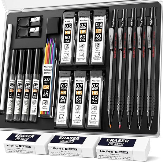 Nicpro 22PCS Art Mechanical Pencil Set, Black Artist Metal Drafting Pencil 0.5 & 0.7 & 0.9 mm & 2PCS 2mm Graphite Lead Holder(4B 2B HB 2H) for Drawing Writing Sketching With Lead Refills Erasers Case-DeskLoop Office