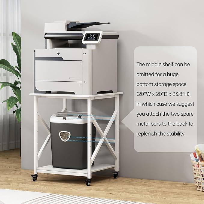 Large Printer Stand with Height Adjustable Storage Shelf, 23.6 x 23.6 Inches Square Printer Table with Industrial Wheels, Multi-use 3 Tier Rolling Printer Cart for Home Office - White-DeskLoop Office