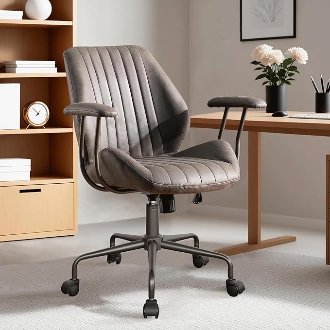 ovios Ergonomic Home Office Chair, Mid-Century Modern Faux Leather Chairs with Padded Armrests, Comfy Mid Back Swivel Rolling Executive Computer Armchair (Dark Grey, Suede Leather)-DeskLoop Office
