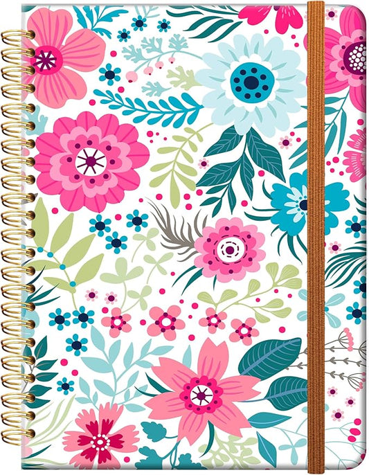 Ruled Spiral Writing Notebook,A5 Hardcover Lined College Journal for Women Lady,Fashion Puppy Watercolor Strong Twin-Wire Binding with Premium Paper,8.4" X 6",Perfect for School,Office,Home Gifts(Colorful Flowers)-DeskLoop Office
