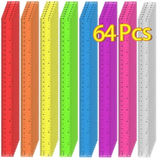 64 Pack Plastic Ruler 12 Inch in Bulk, Plastic Rulers in Assorted Colors, Clear Ruler with Inches and Centimeters, Transparent Rulers Bulk for Kids Back to School, Classroom, Office, Home Supplies-DeskLoop Office