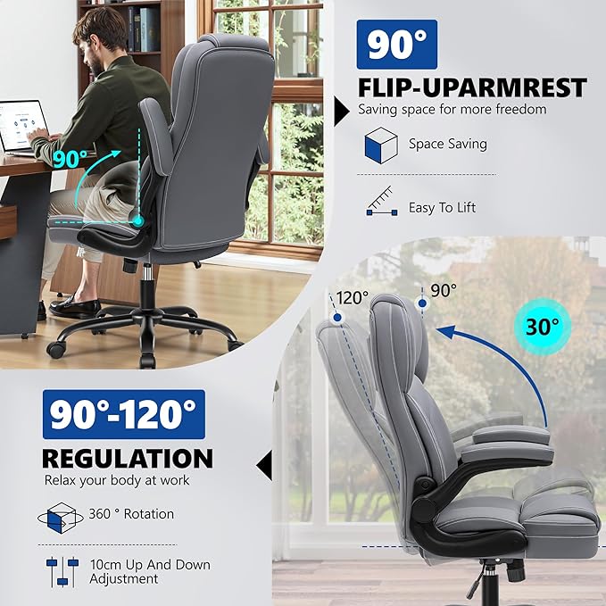 PU Leather Executive Office Chair, Ergonomic High-Back Computer & Gaming Chair with Adjustable Height, Rolling Swivel & Flip-Up Armrests, Comfy Padded Seat for Home Office-Gray-DeskLoop Office