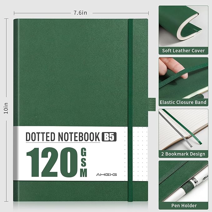 AHGXG Bullet Dotted Journal - Dot Grid Notebook Journal, 120 GSM Thick Acid-Free Paper, Large B5 Dotted Notebook 96 Pages, Leather Softcover, Inner Pocket, Journal Stencil, 7.6'' X 10'' - Green-DeskLoop Office