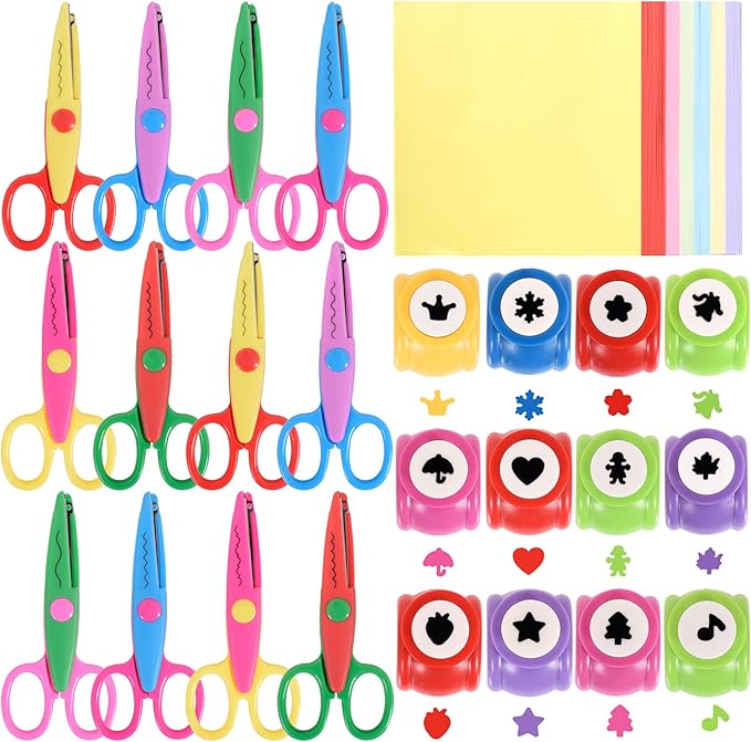 12 PCS Craft Scissors Decorative Edge, 12 PCS Small Hole Punch Shapes, 90 Sheets Colorful Origami, Kids Adults Craft Kit for DIY Crafts, Scrapbooking, Card Making, School Supplies-DeskLoop Office