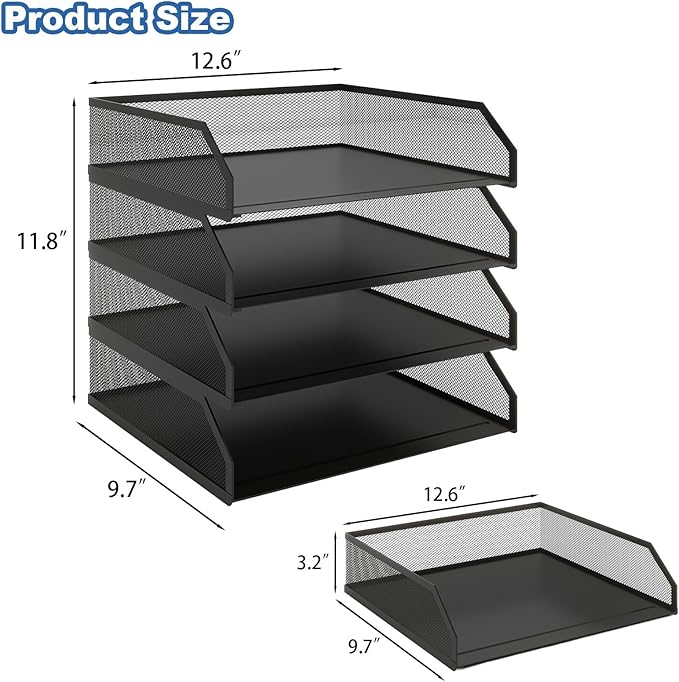 Natwind 4-Tier Stackable Paper Tray, Metal Mesh Desktop Organizer, A4 Desk Organizer, Stackable Letter Trays,File Folder Sorter Organizer with Sliding Tray for Home, Office, School (Black)-DeskLoop Office