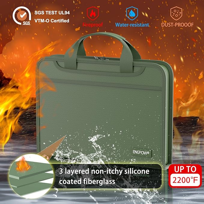 ENGPOW Accordion File Organizer,Fireproof Expanding File Folder with Multi Pockets,13 Pockets Document Organizer with Handle & Labels,Portable Home Travel Safe Storage for Letter A4 Files,Green-DeskLoop Office