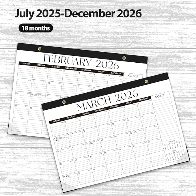 Desk Calendar 2025-2026, Monthly Desktop Large Calendar (July 2025-December 2026) Desk Wall Planner for Family Office Teacher School, 17" x 12" Black-White-DeskLoop Office