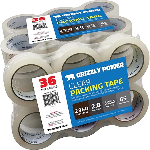 Grizzly Power Clear Packing Tape Refill Rolls for Shipping, Moving, Packaging - True 2 Inch x 65 Yards, 3 Inch Core, 2.8mil Thick, 36 Rolls Bulk Case-DeskLoop Office