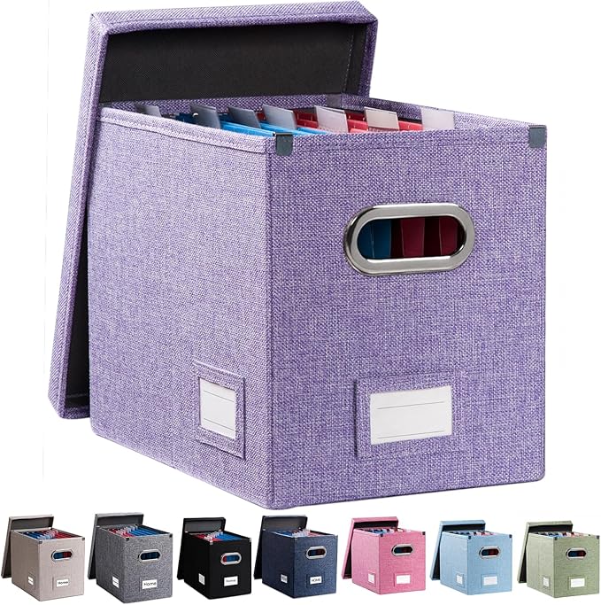 PRANDOM File Organizer Box - Set of 1 Collapsible Decorative Linen Filing Storage Hanging File Folders with Lids Office Cabinet Letter Size Purple (14x9.3x10.8 inch)-DeskLoop Office