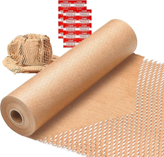 Honeycomb Packing Paper Wrap 15" x200' Sustainable Alternative to Bubble Cushioning Wrap for Moving/shipping/packing Roll with 20 Fragile Sticker Biodegradable & Fully Recylable-DeskLoop Office