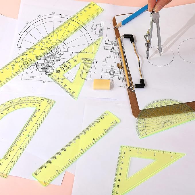 Zonon 1 Set Plastic Geometry Math Set Includes Drawing Compass, 6 Inch 4 Inch Protractor, 45/60 Degree Triangle Rulers 12 Inch 6 Inch Math Ruler Transparent for Office Supplies(Yellow)-DeskLoop Office