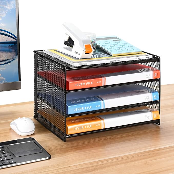 Samstar 2 Pack Paper Letter Tray, 3-Tier Desk File Organizer Paper Sorter Letter Shelf Rack, Mesh Made,Black-DeskLoop Office