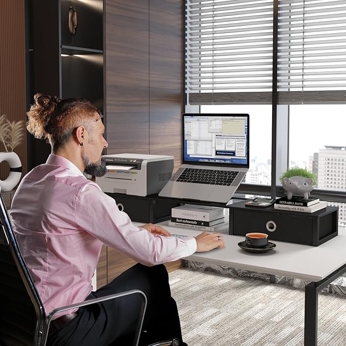 WESTREE Monitor Stand Riser with Adjustable Laptop Stand Riser, Steel Frame Dual Monitor Stand with Two Drawers for 2 Monitors, Desktop Oraganizer Stand for Computer,Laptop,Screen-DeskLoop Office