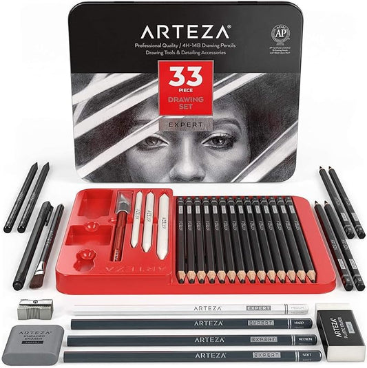 Arteza Drawing Set for Adults, Set of 33 Artist Sketching Tools, 20 Graphite & 4 Charcoal Sketch Pencils, 1 Fineliner, 3 Blenders, 1 Sharpener, 3 Erasers & 1 Hobby Knife, Art Supplies for Drawing-DeskLoop Office