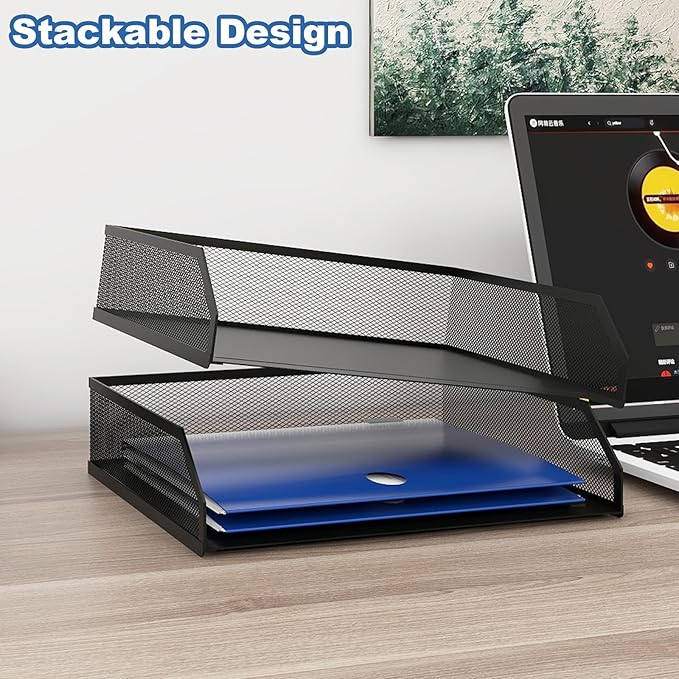 Natwind 2-Tier Stackable Paper Tray, Metal Mesh Desktop Organizer, A4 Desk Organizer, Stackable Letter Trays,File Folder Sorter Organizer with Sliding Tray for Home, Office, School (Black)-DeskLoop Office