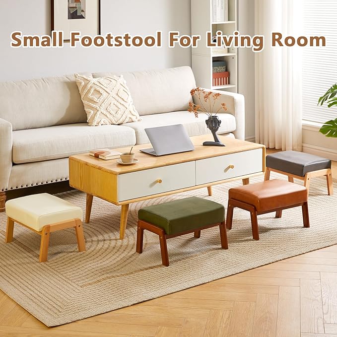 IBUYKE 10.2” H Small Foot Stool Ottoman, Rectangle PU Faux Leather Foot Rest with Padded Seat and Wood Legs, Modern Ottoman Foot Rest for Living Room Bedroom Couch Office, Yellowish-Brown WBD013J-DeskLoop Office