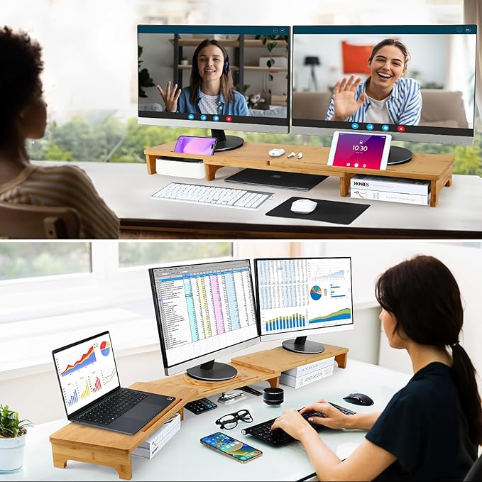 Nnewvante Monitor Stand Riser, 60 inch Large Bamboo Dual Monitor Stand for Desk, 3 Shelves Desktop Screen Riser with Adjustable Length Angle for Computer Laptop PC-DeskLoop Office