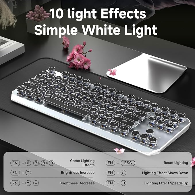 EWEADN Wireless Mechanical Typewriter Keyboard,80% Layout with White Backlit, Anti-Ghosting, Blue Switch Bluetooth/2.4GHz/USB-C Aesthetic Keyboard-Black-DeskLoop Office