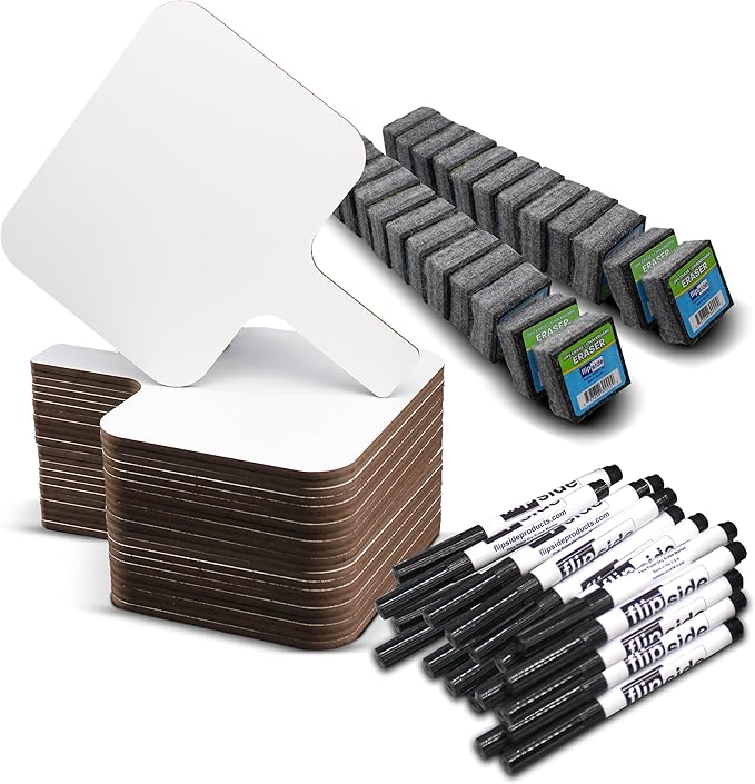 Flipside Products Rectangular Dry Erase Answer Paddles w/Black Dry Erase Marker and Erasers, Auction, Handheld Whiteboard, Handle Response Board, 72 Pieces, Set of 24-DeskLoop Office