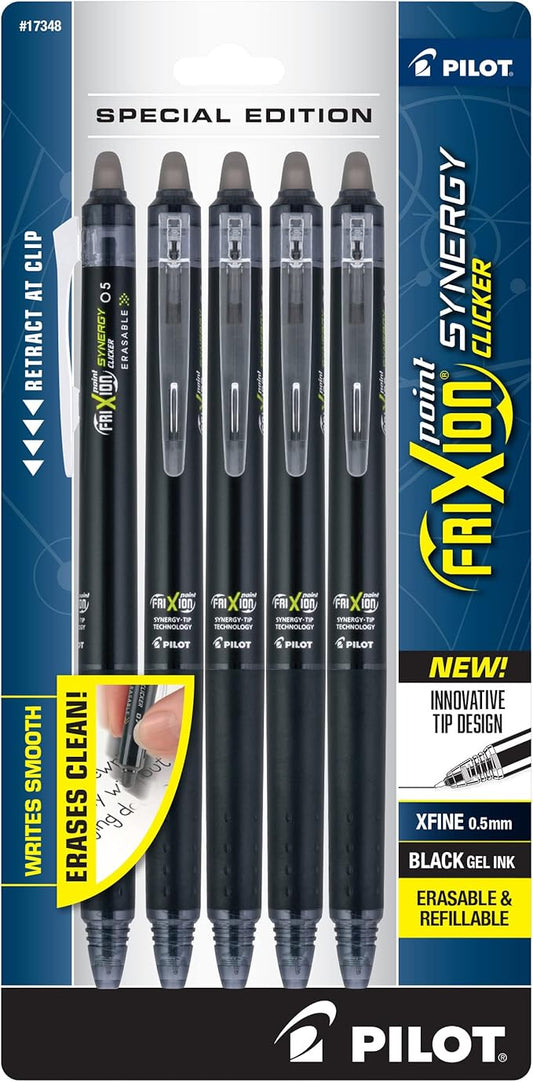 PILOT FriXion Synergy Clicker Erasable, Refillable & Retractable Gel Ink Pens, 0.5mm Extra Fine Point, Black Ink, 5-Pack-DeskLoop Office
