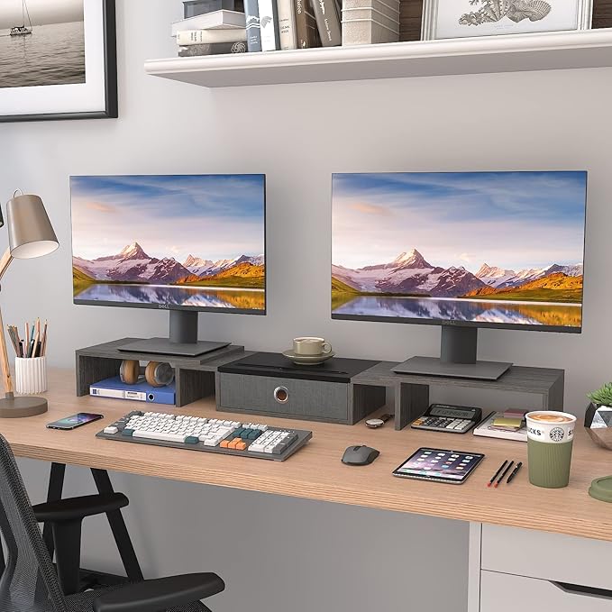 WESTREE Triple Dual Monitor Stand Riser with Drawer,Extra Large Adjustable for 2~3 Monitors,Solt for Phone & Tablet, Desktop Organizer Stand for Computer,Laptop,Printer,TV-DeskLoop Office