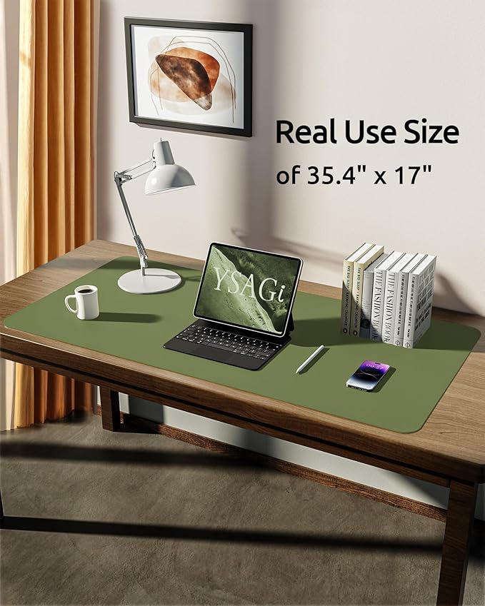 YSAGi Leather Desk Protector, Office Mat, Large Mouse Mat, Non-Slip PU Leather Blotter, Laptop Pad, Waterproof Writing Pad for Office and Home (Green, 35.4" x 17")-DeskLoop Office