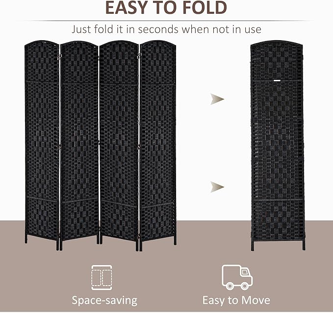 HOMCOM Room Divider 4 Panels Folding Privacy Screen 6FT Tall Portable Wicker Weave Partition Wall Divider for Bedroom Home Office, Black-DeskLoop Office